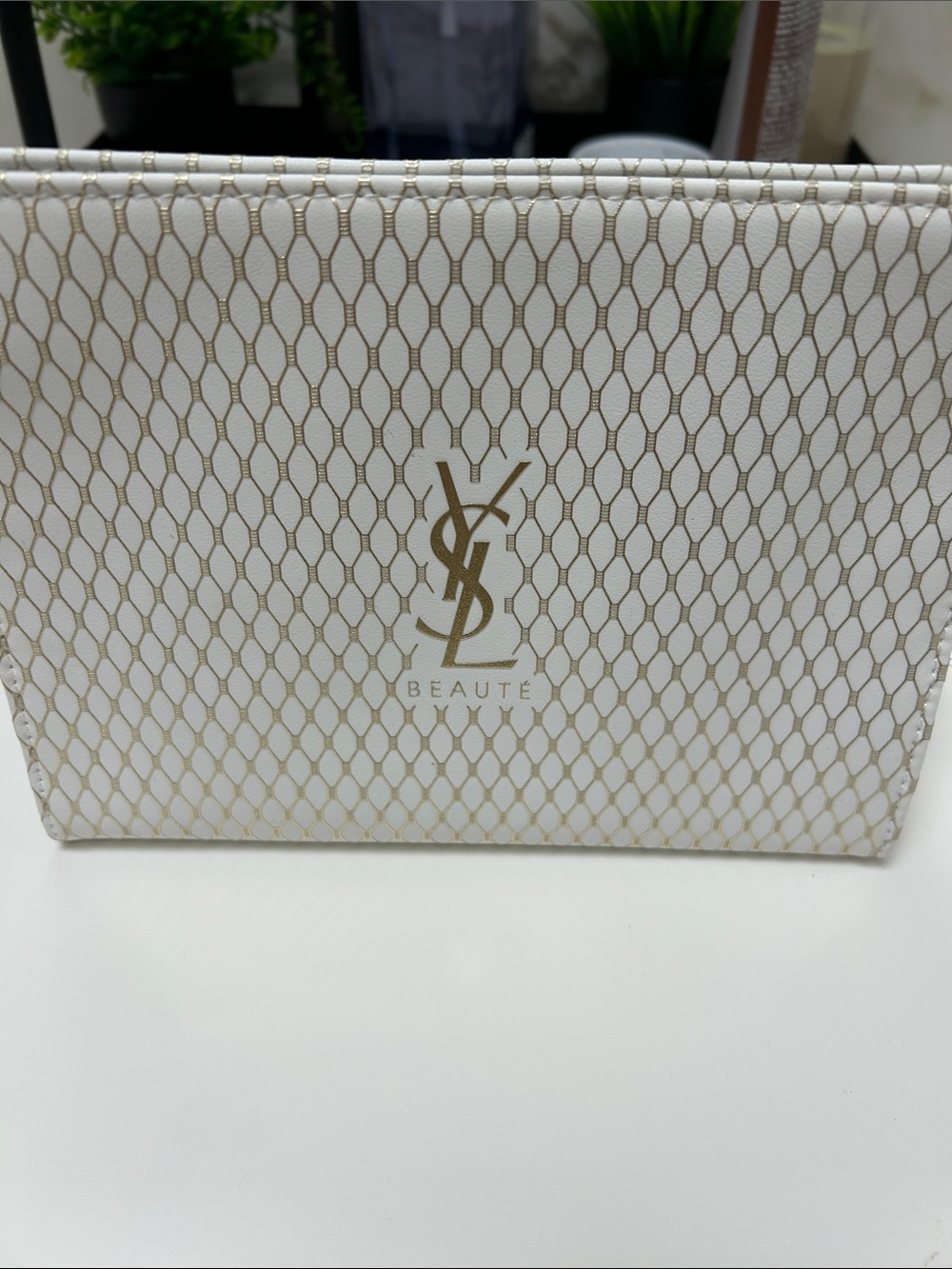 Yves Saint Laurent White and Gold Lattice Cosmetic Pouch